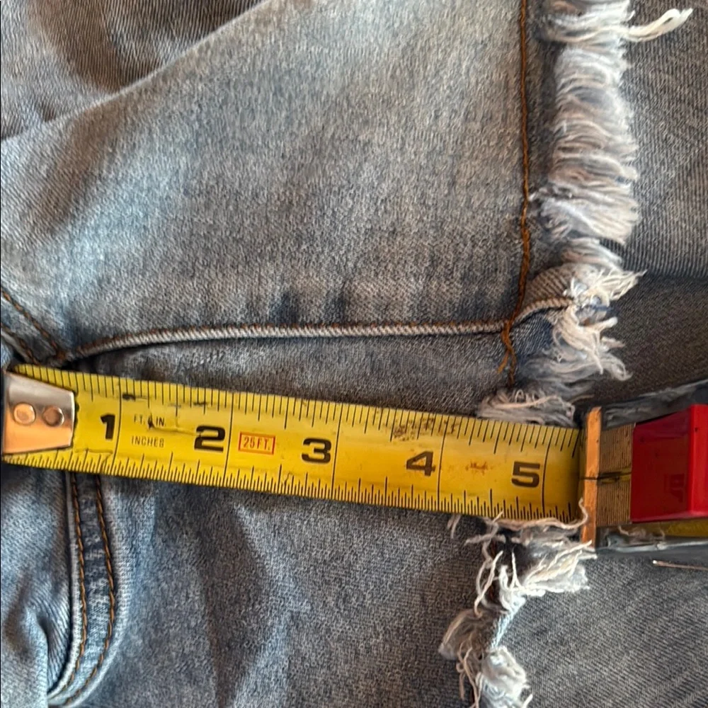 Blue Distressed Jean Shorts with Frayed Hem - Picture 6 of 6